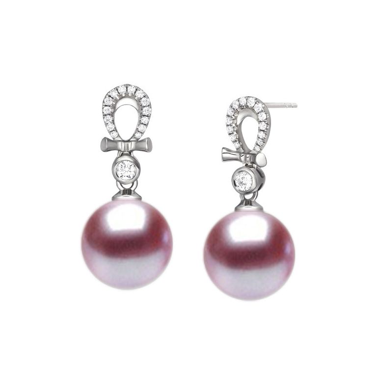 Boucles d'oreilles bambou. Or blanc, perles et diamants - 6