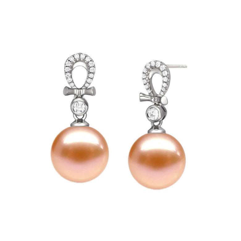 Boucles d'oreilles bambou. Or blanc, perles et diamants - 5