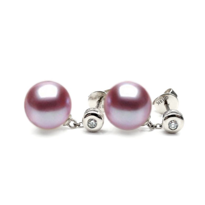 Boucles d'oreilles perles de Chine. Disque d'or blanc, chaînette - 8