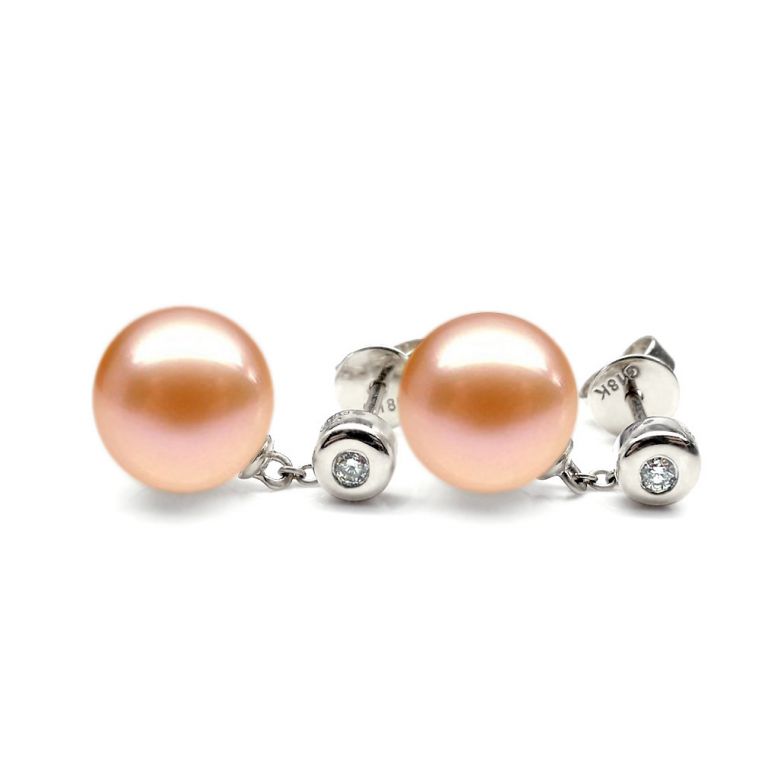 Boucles d'oreilles perles de Chine. Disque d'or blanc, chaînette - 6
