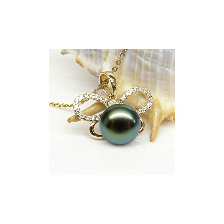 Pendentif papillon - Perle de Tahiti bronze foncée - Or jaune, diamants - 2