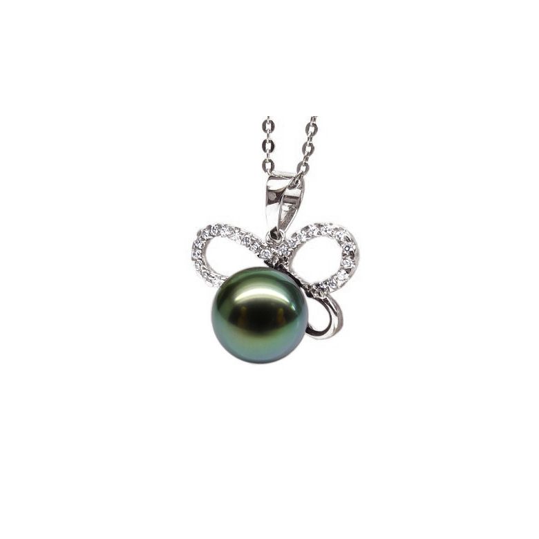 Pendentif papillon - Perle de Tahiti bronze foncée - Or blanc, diamants - 2