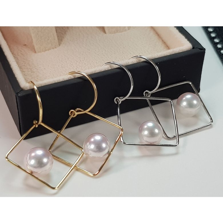 Pendantes d'oreilles carrées Perles Akoya et Or blanc I Chokko - 1